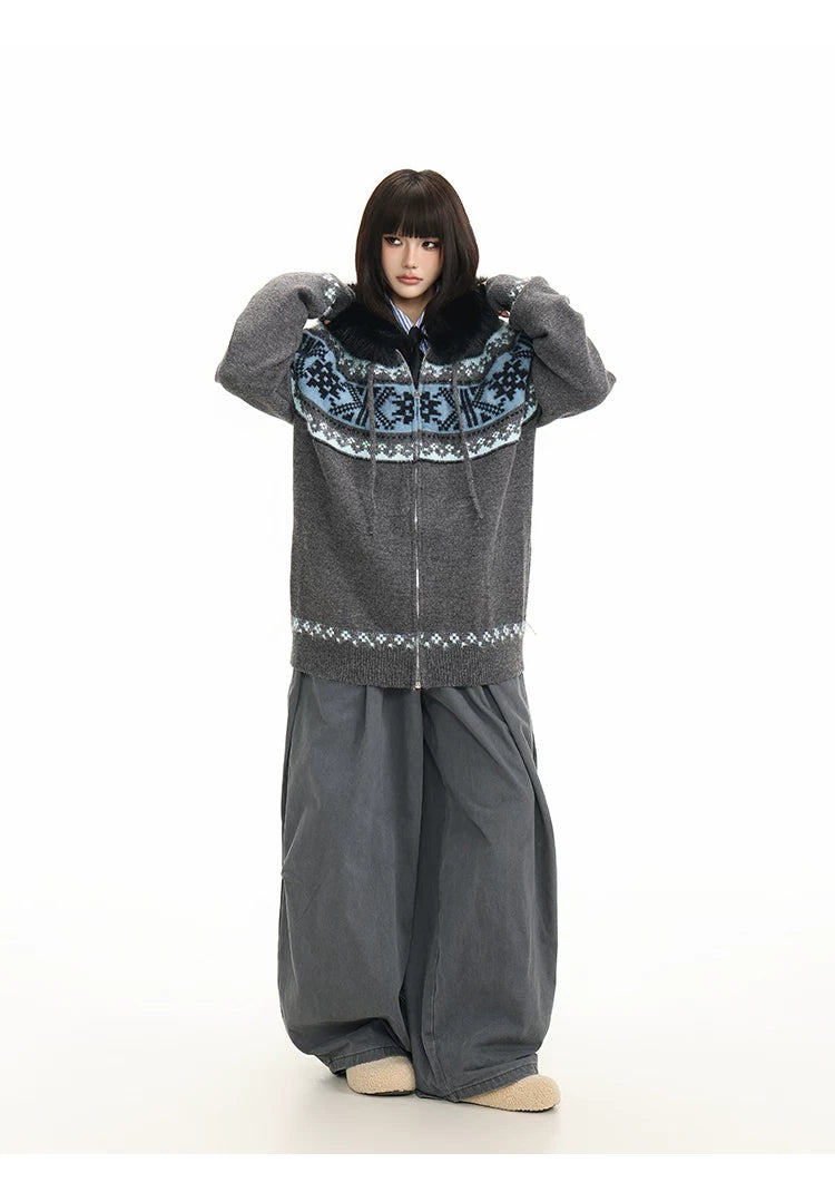 Fur Collar Fair Isle Hooded Knit Cardigan