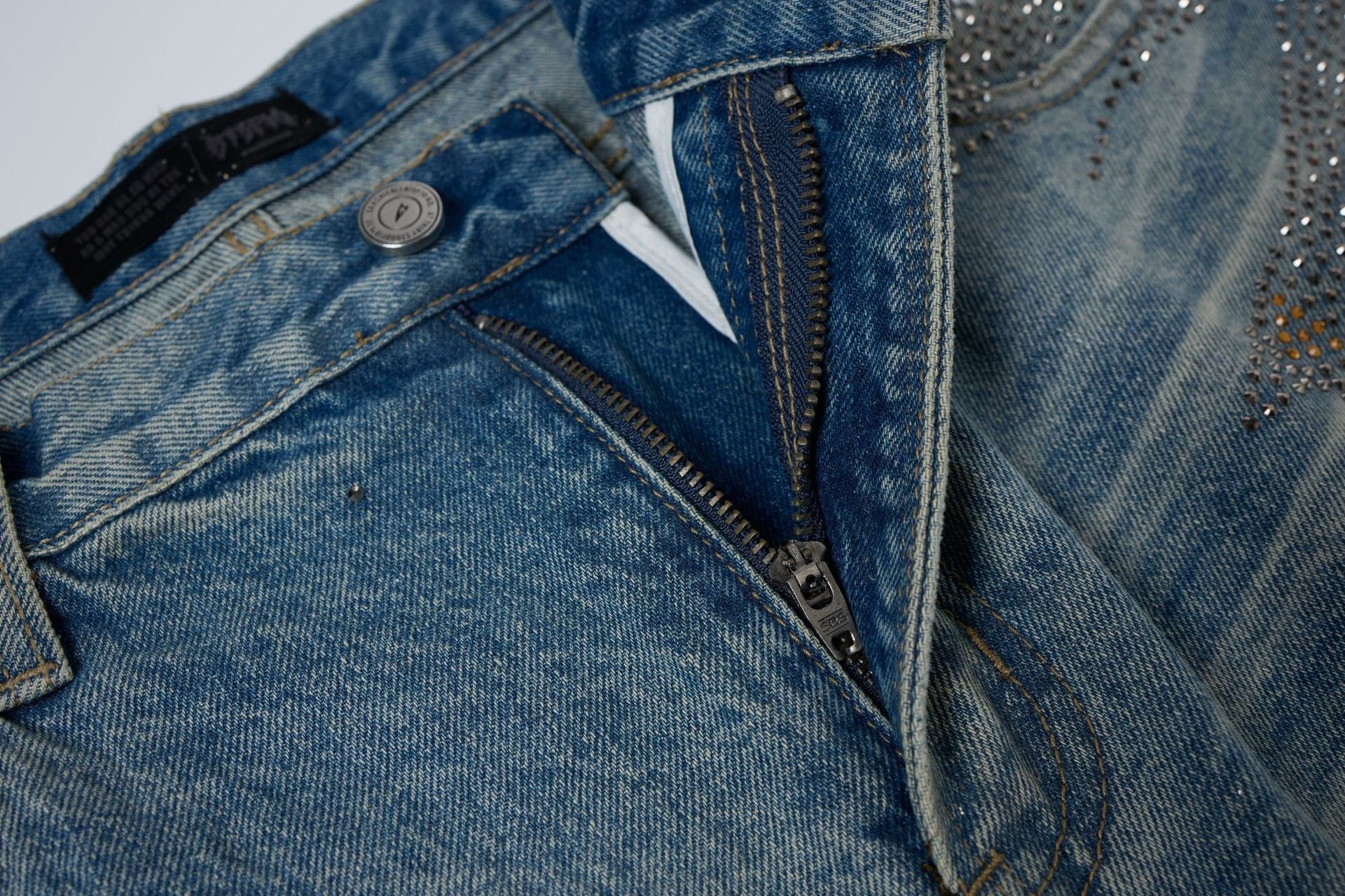 Rhinestone Camouflage Wash Denim Jort
