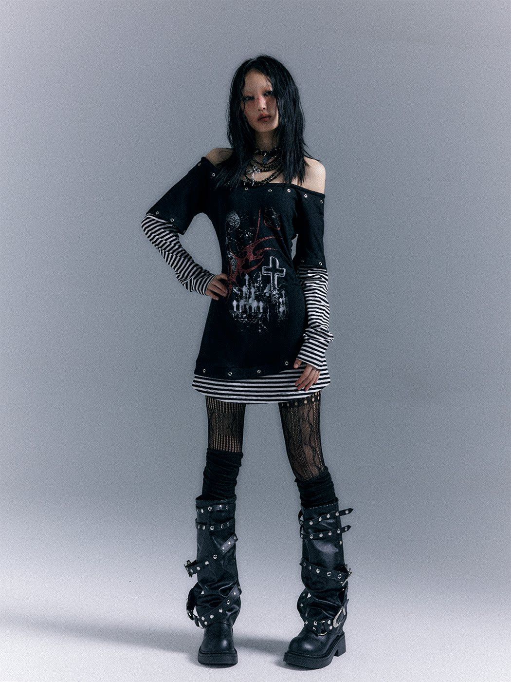 Light Punk Stripe Long Sleeve Graphic Waist-Cinching T-Shirt Dress