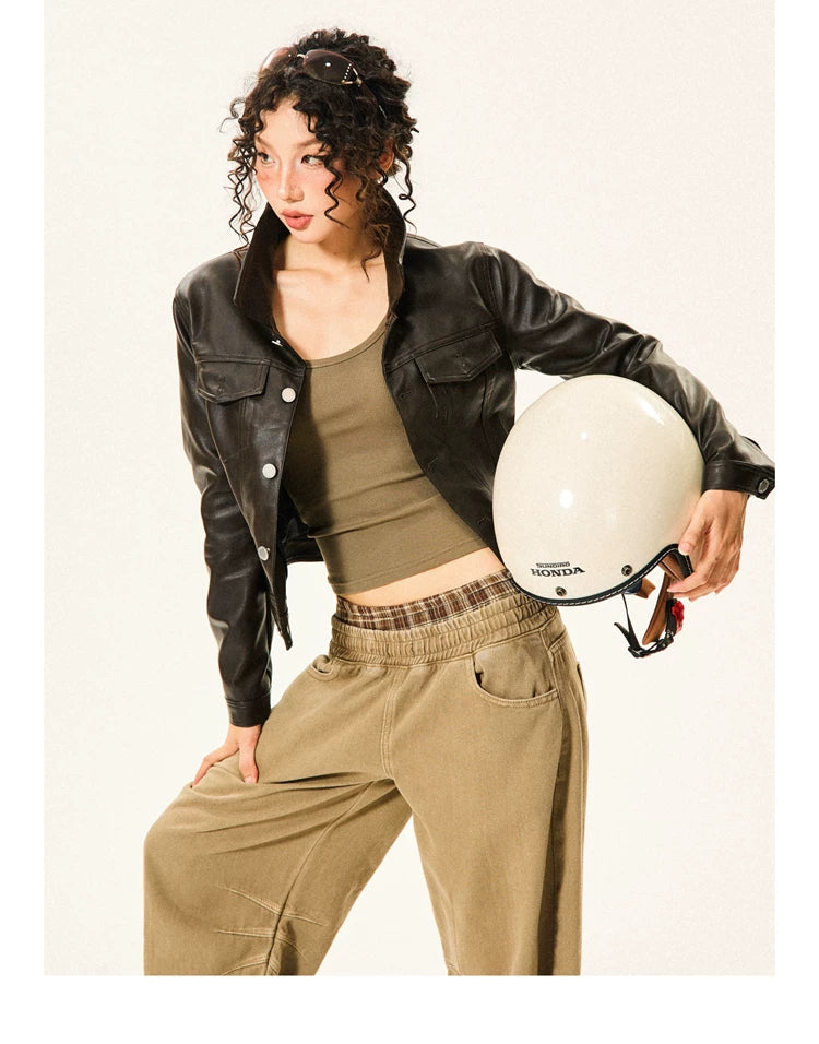 PU Leather Standing-Collar Short Jacket