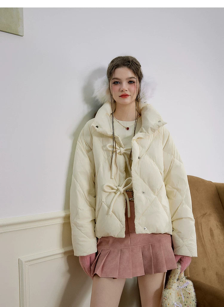 Bow Design Stand Neck White Duck Down Jacket