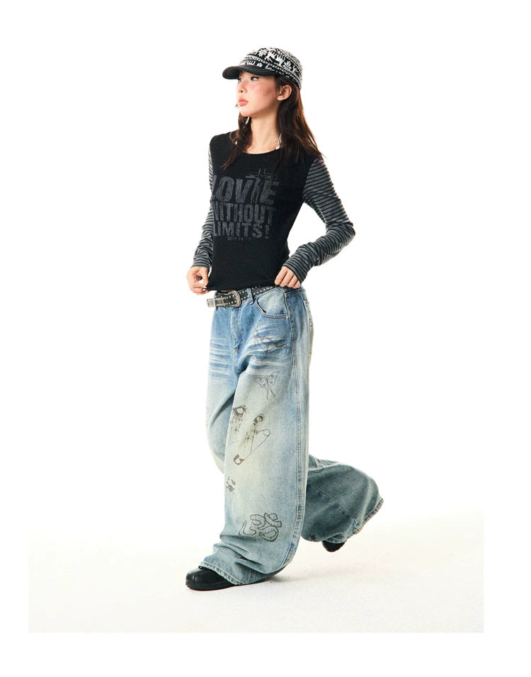 Washed Graffiti Print Wide Leg Denim Jeans