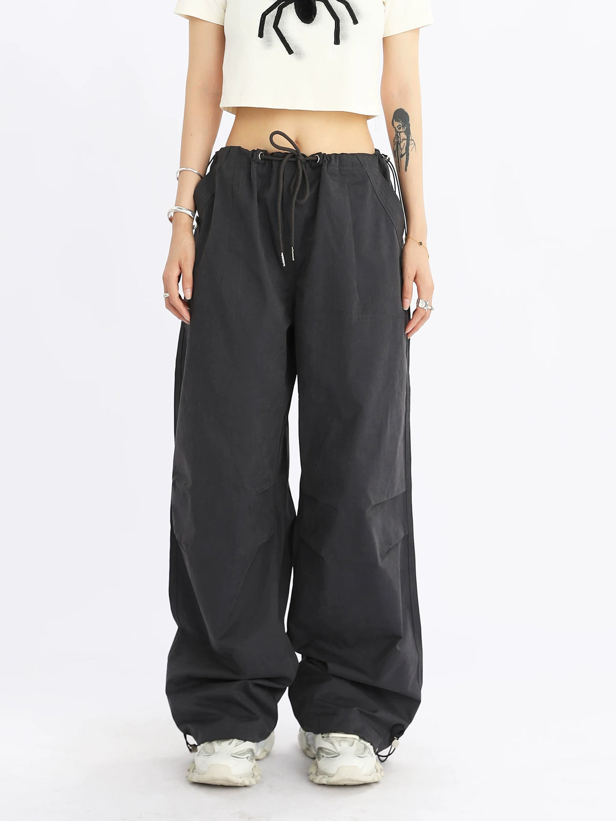 Wide-Leg Drawstring Cargo Pants