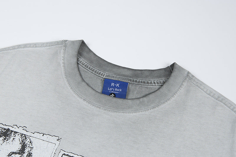 Graphic Print Wash Damage Cotton Short Sleeve T-Shirt