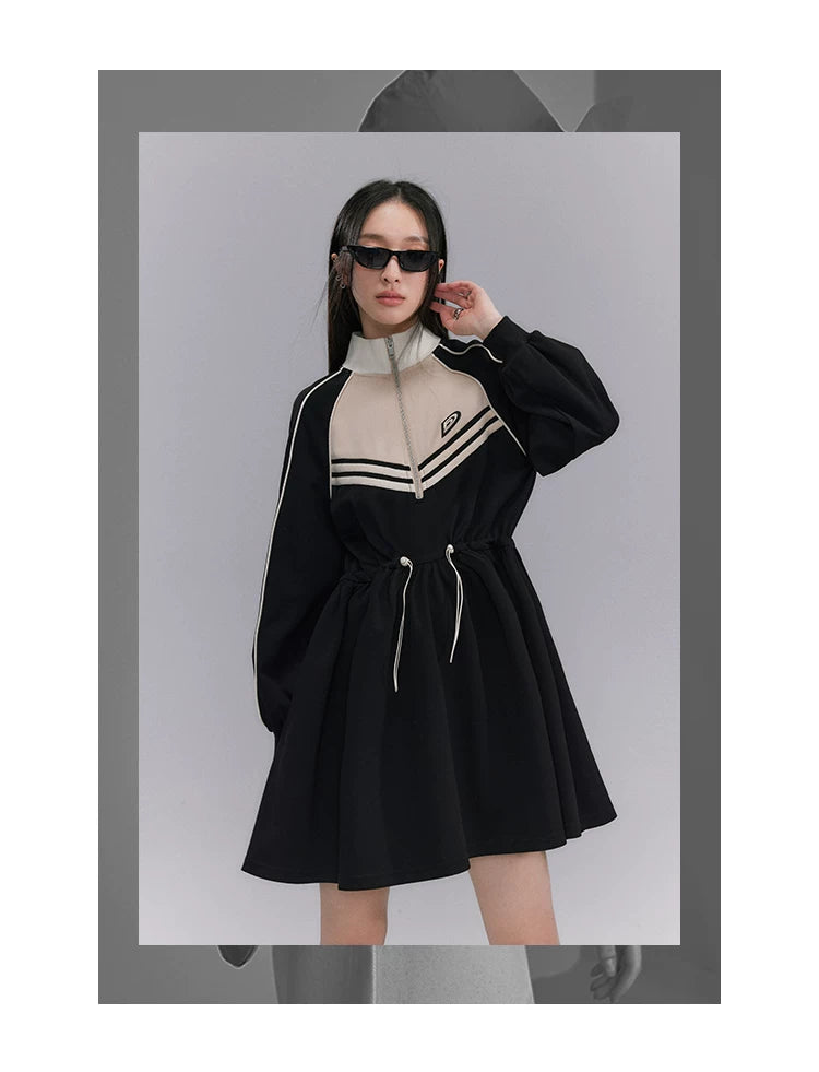 Embroidery Color Blocking Sporty Long Sleeve Jersey Dress