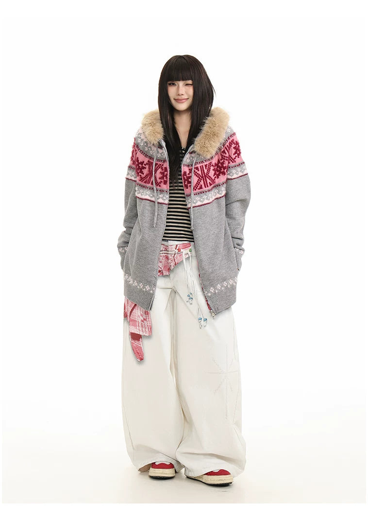 Fur Collar Fair Isle Hooded Knit Cardigan
