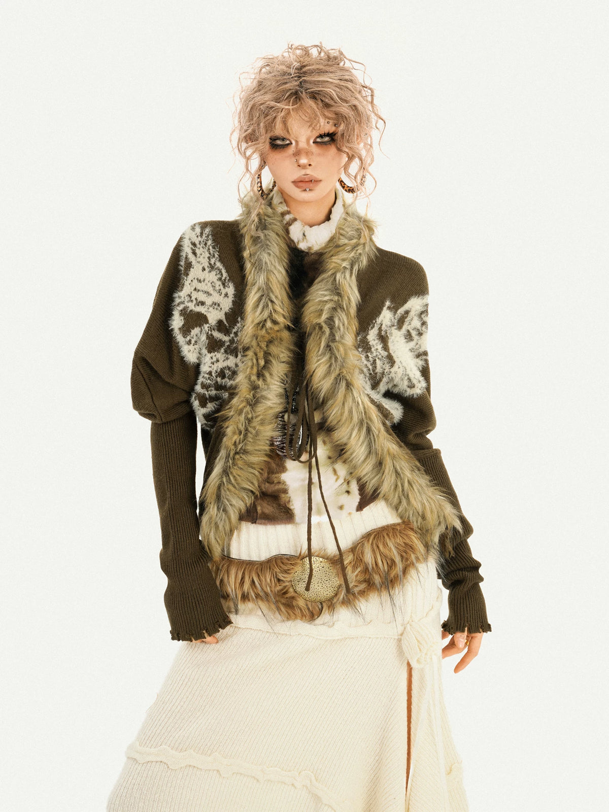 Original Design Batwing Sleeve Fake Fur Collar Knit Cardigan