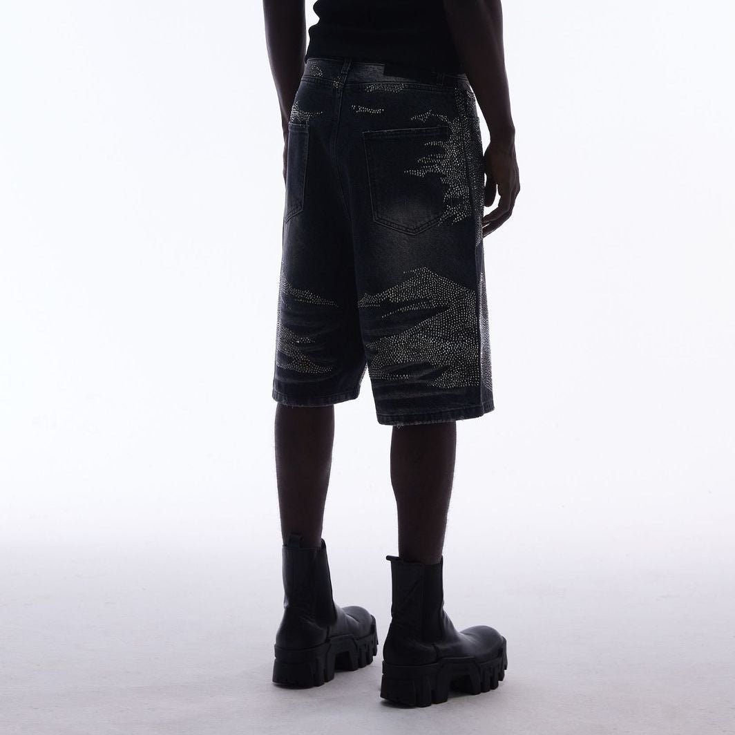Rhinestone Camouflage Wash Denim Jort