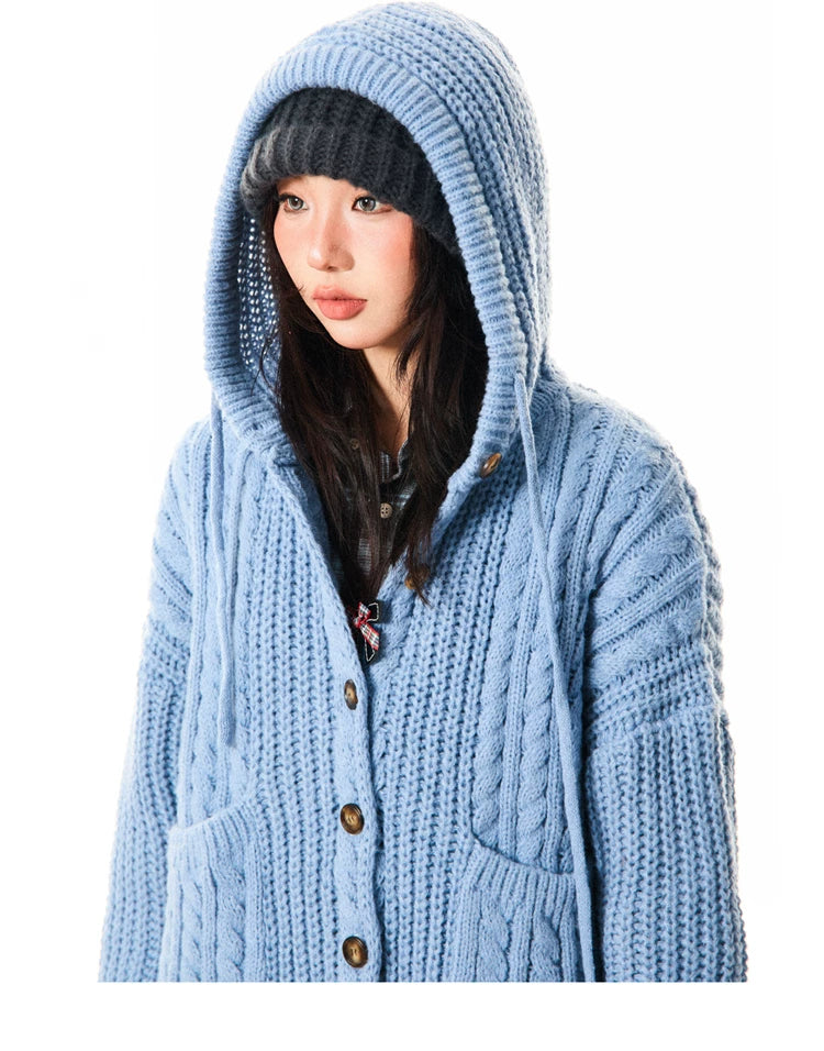 Hooded Button Oversize Cable Knit Cardigan