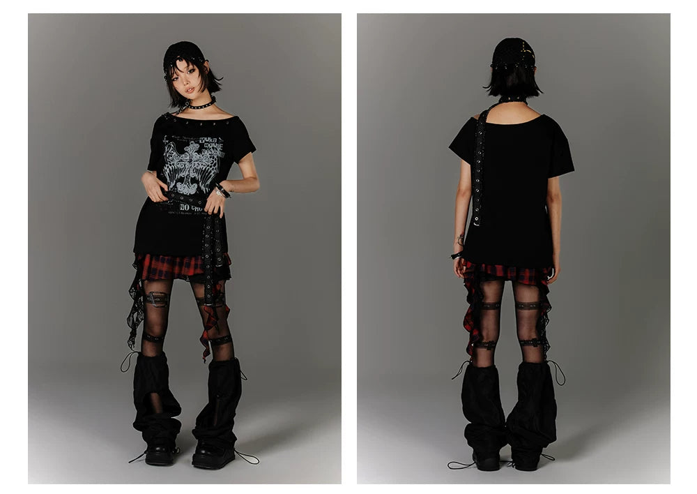 Off-Shoulder Eyelet Graphic Print Short Sleeve T-Shirt & Choker