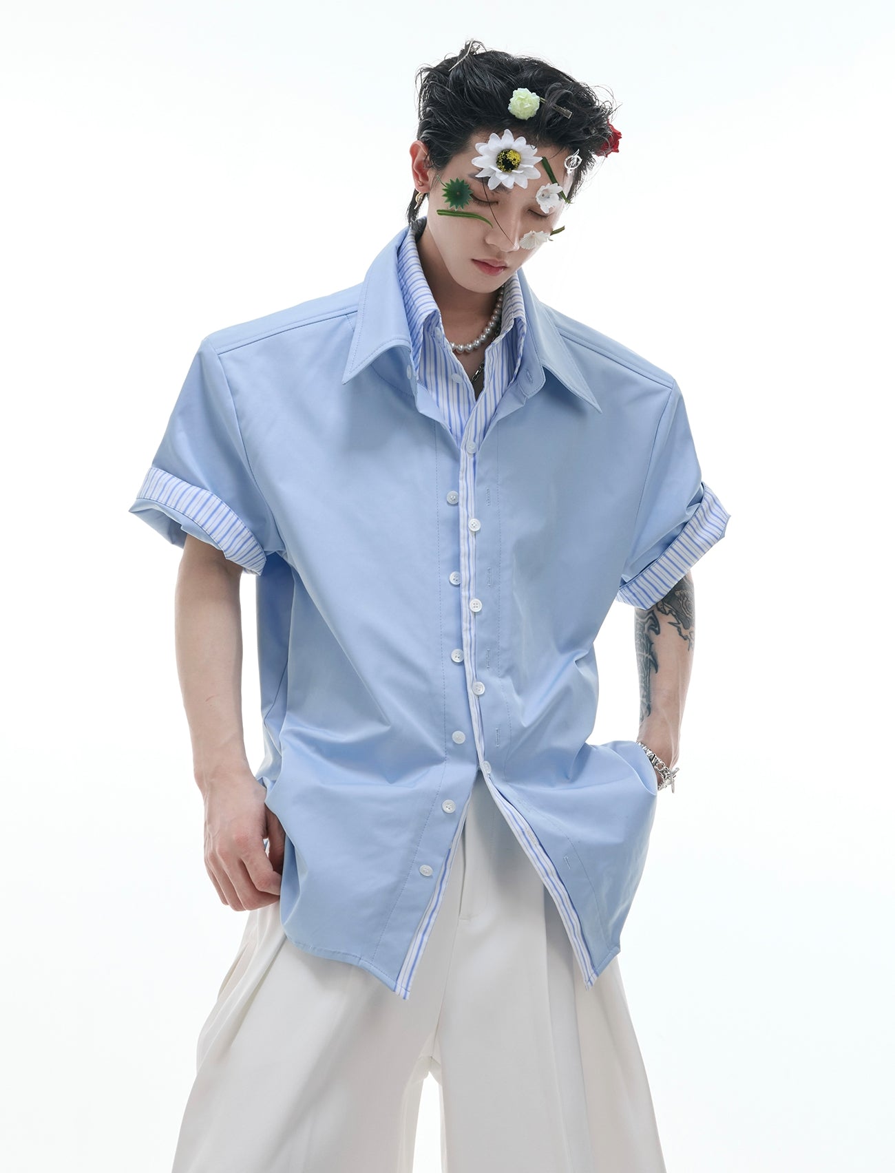 Fake Layered Stripe Colorblock Short Sleeve Shirt