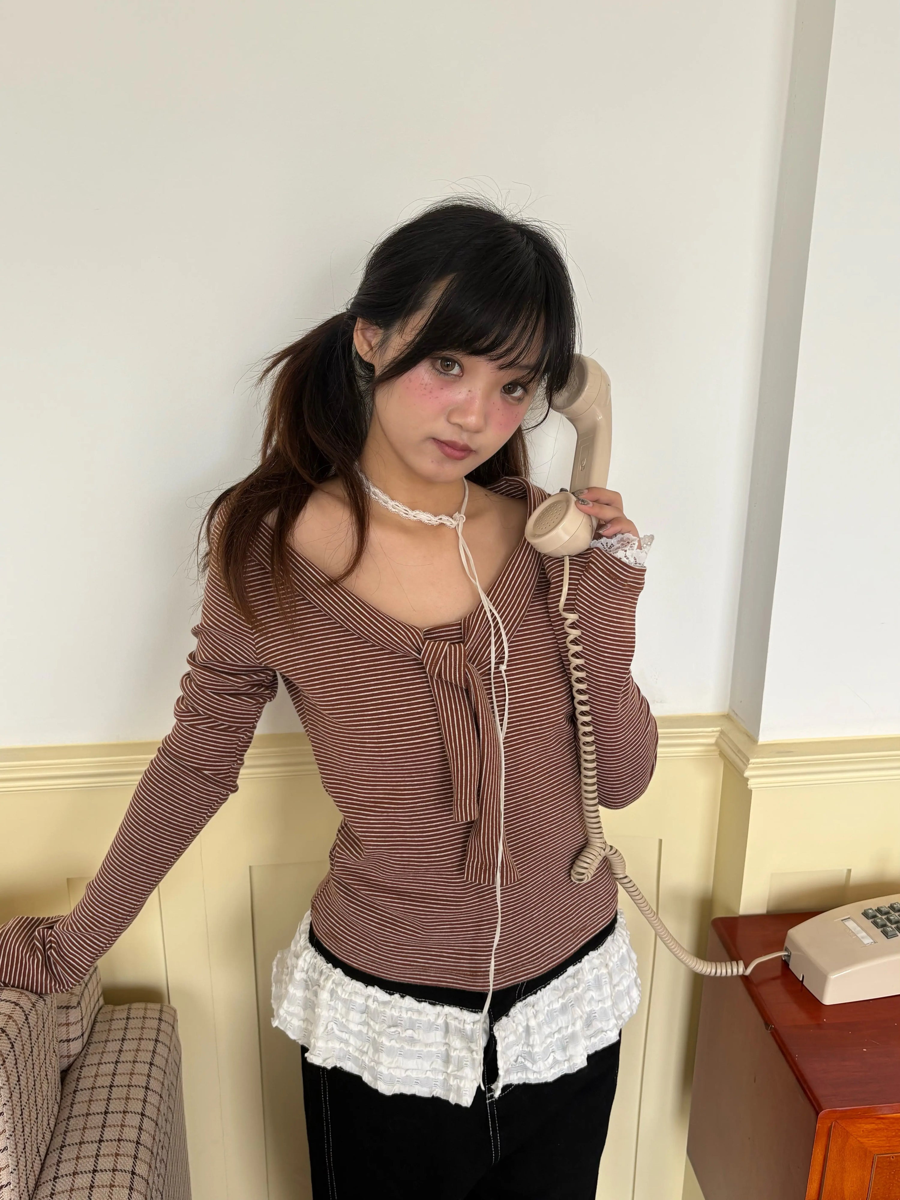 Striped Lace Trim Tie Detail Long Sleeve T-Shirt