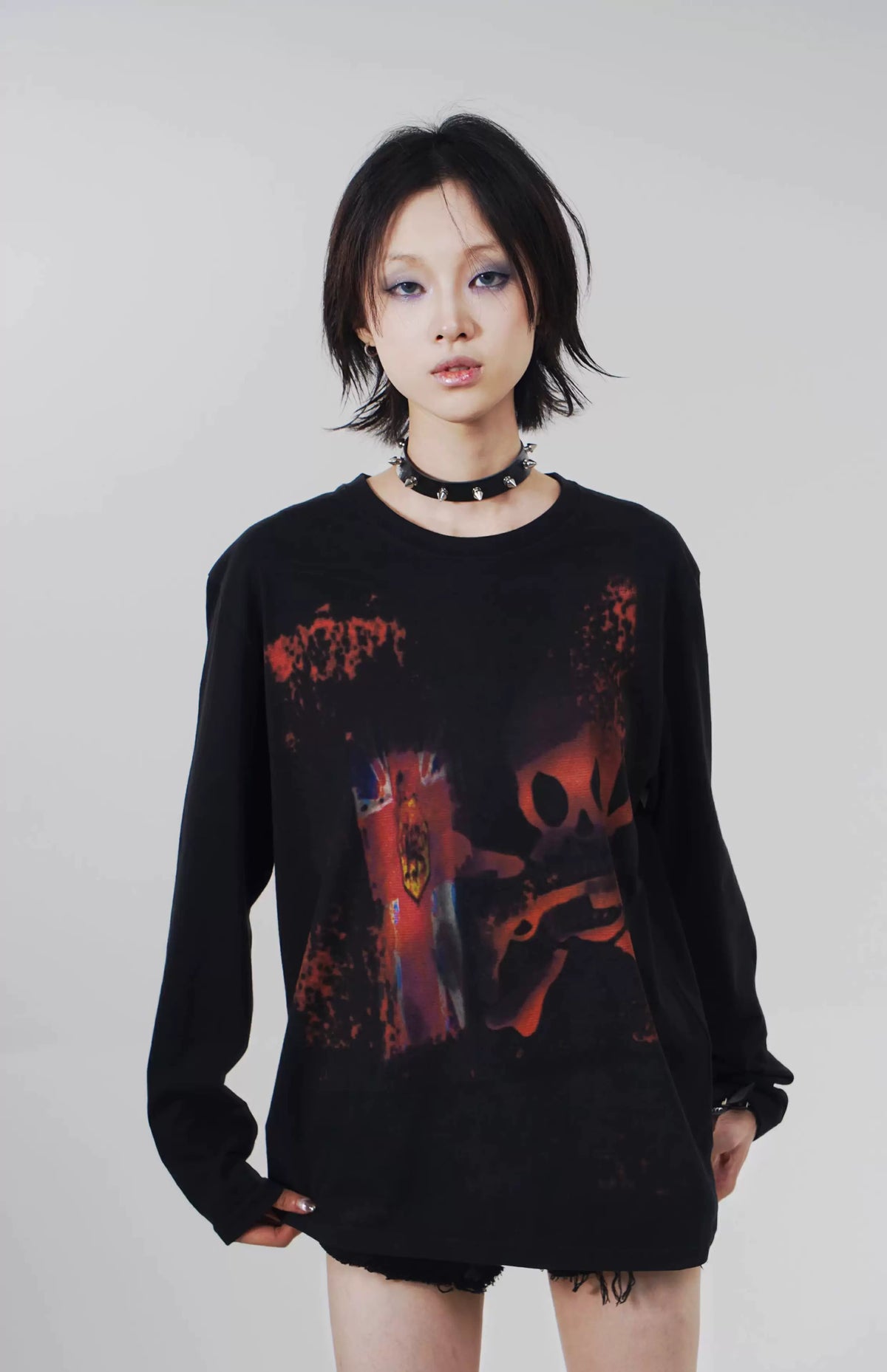 Skull Metal Print Long Sleeve T-Shirt