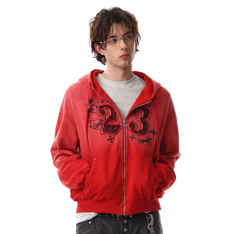 Gradient Number Print Zipper Hoodie