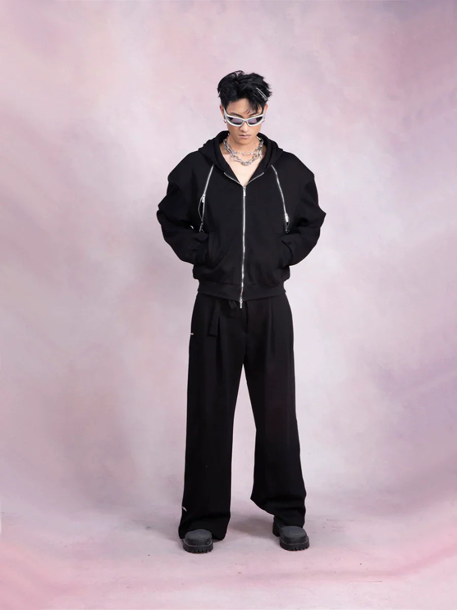 Double Zipper Hoodie & Wide-Leg Straight Sweatpants Setup