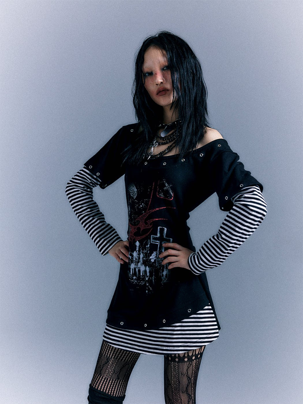 Light Punk Stripe Long Sleeve Graphic Waist-Cinching T-Shirt Dress