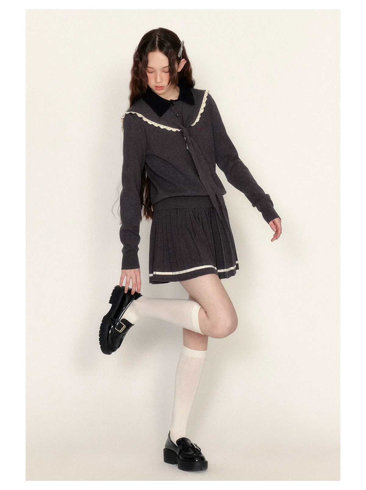 Detachable Sailor Collar Knit Sweater & Pleated Skirt Setup