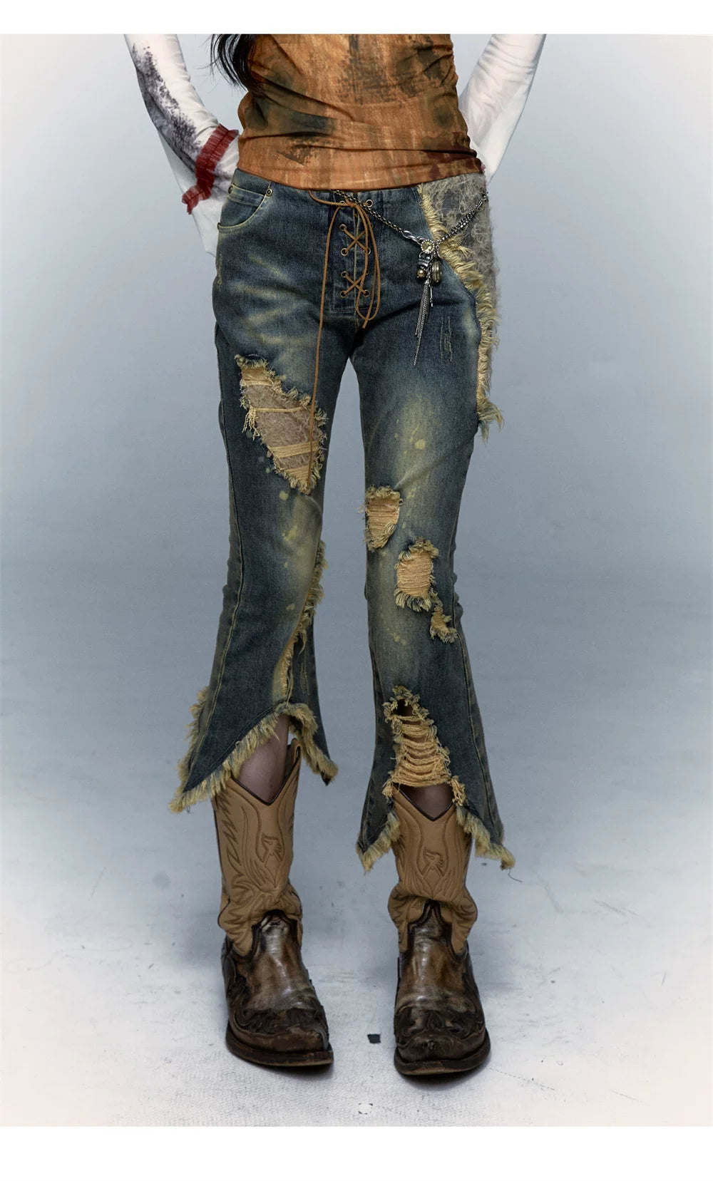 Damage Asymmetric Flare Denim Jeans