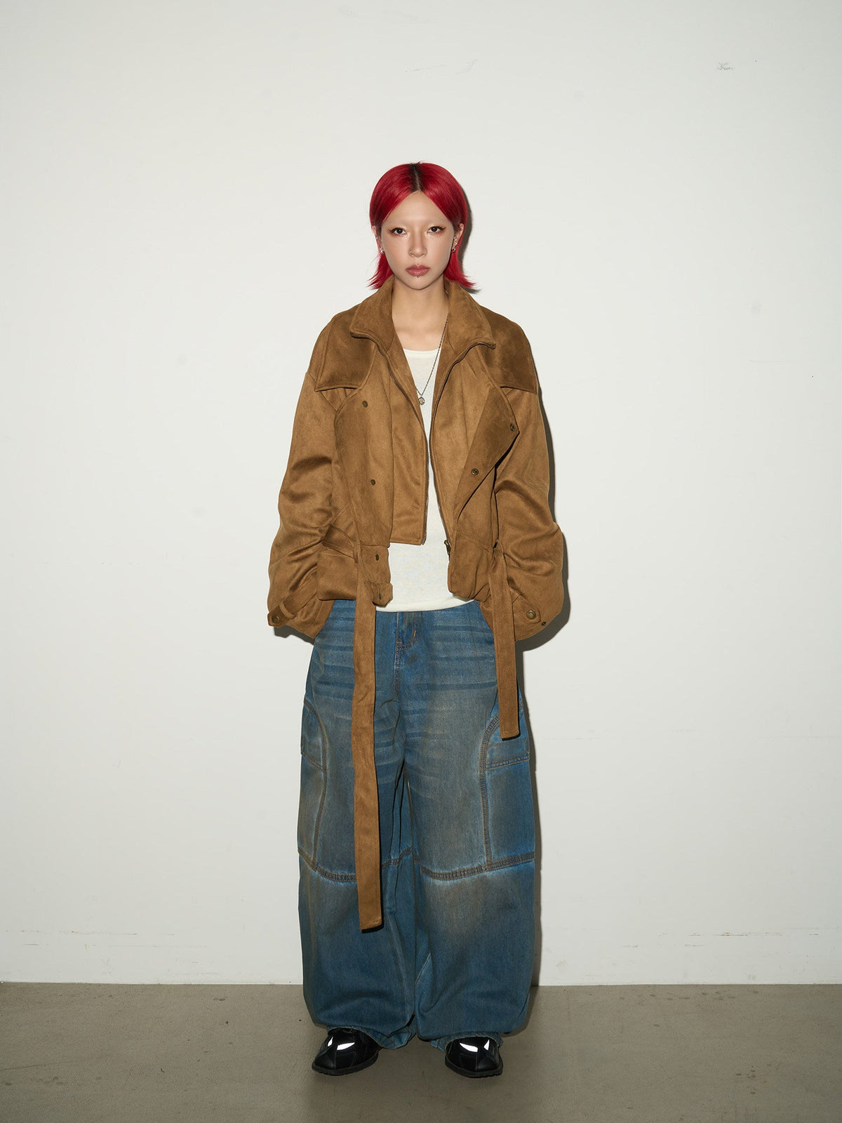 Washed Panel Strap Detail Wide Leg Denim Jeans