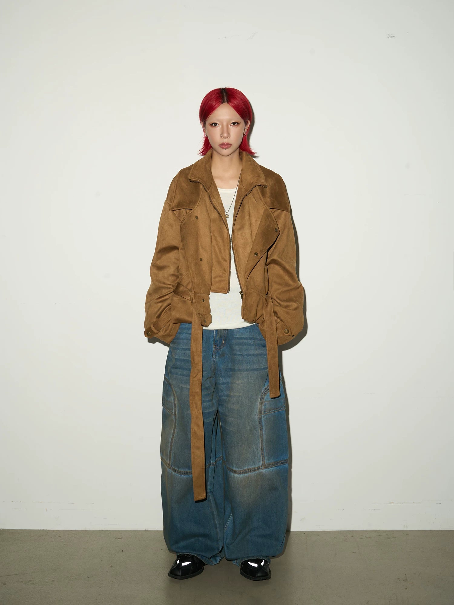 Washed Panel Strap Detail Wide Leg Denim Jeans