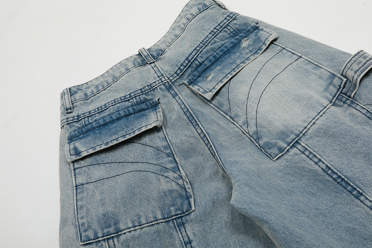Washed Curved Multi Pocket Wide Leg Cargo Denim Jeans