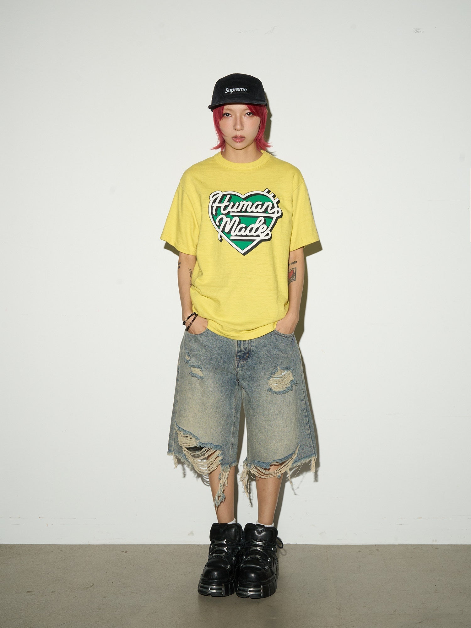 Damage Washed Frayed Hem Half Denim Jeans