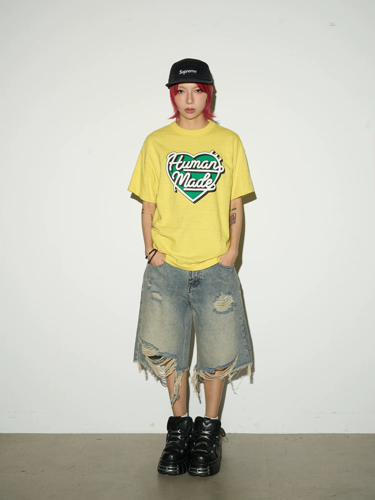 Damage Washed Frayed Hem Half Denim Jeans
