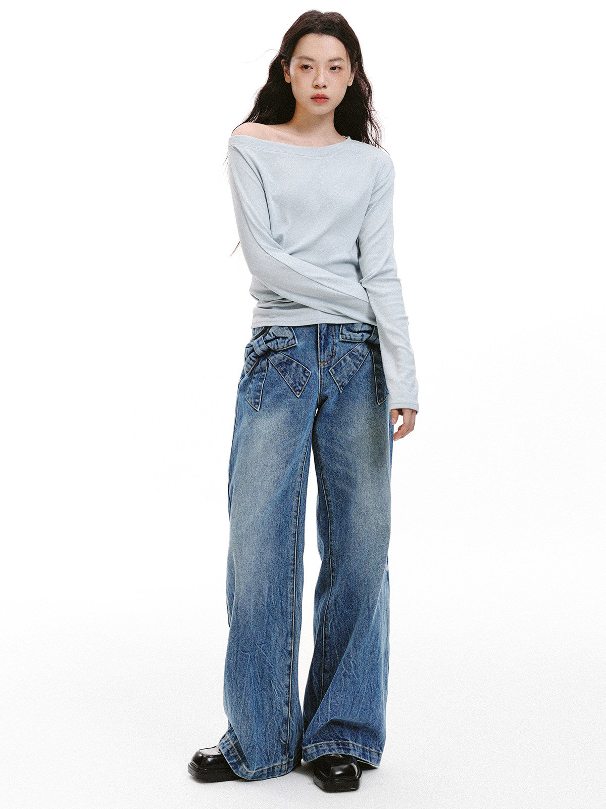Bow Detail Wide-Leg Denim Jeans