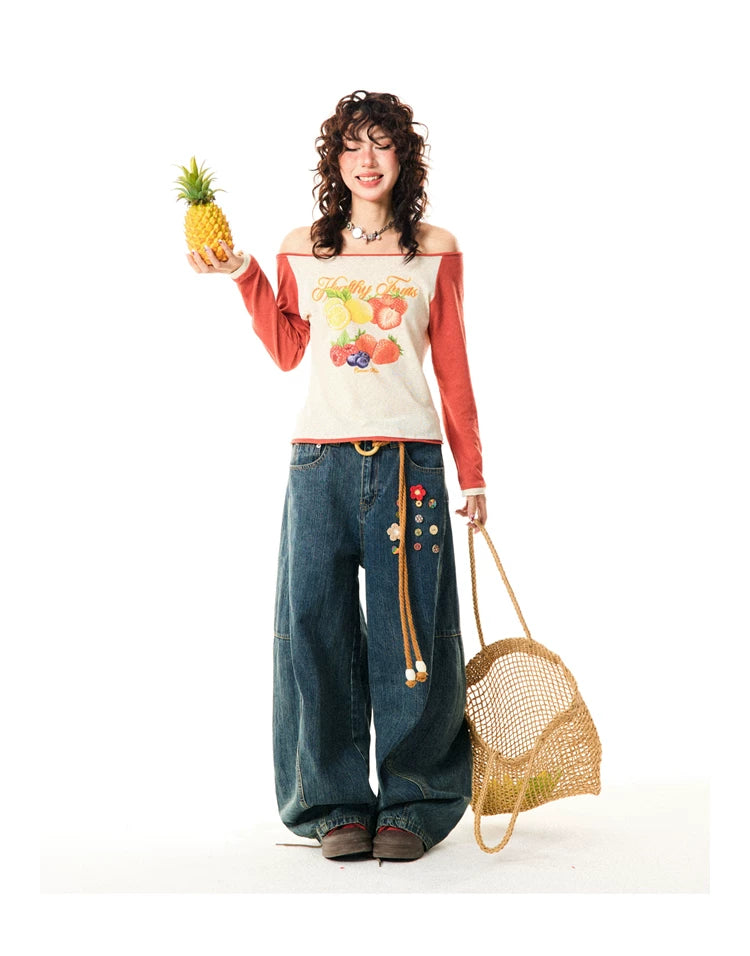 Fruit Graphic Print Off-Shoulder Fitted Long Sleeve T-Shirt