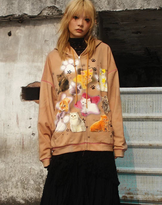 Cat Print Zipper Hoodie