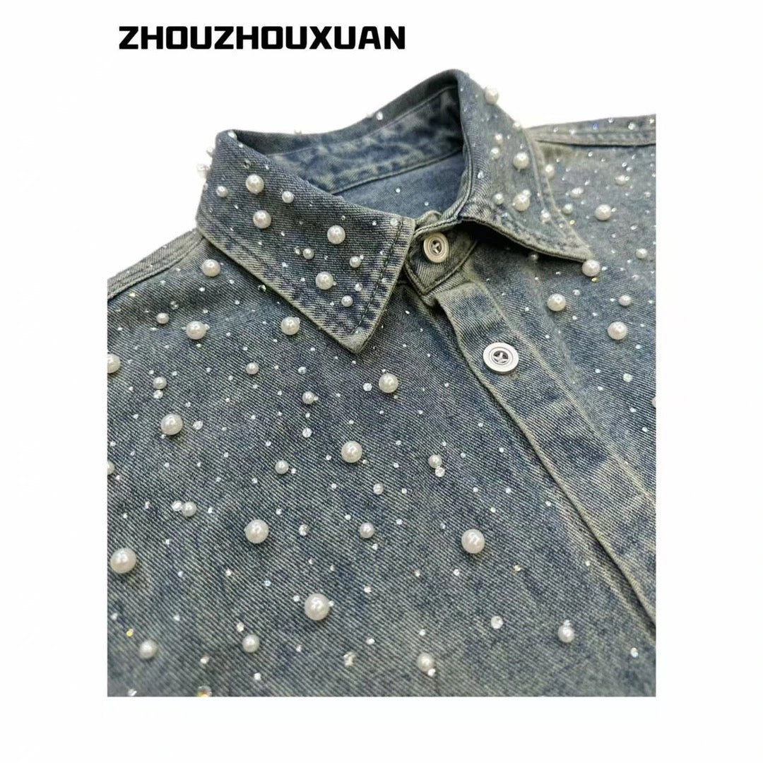 Pearl Decoration Wash Short Sleeve Denim Shirt