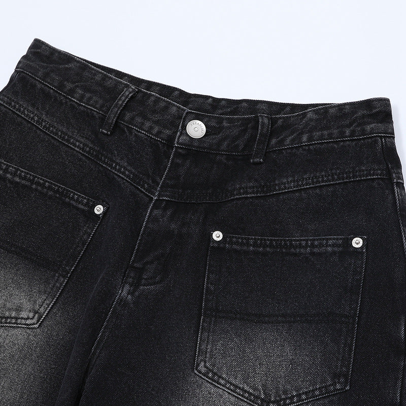 Washed Damage Wide Leg Denim Short Pants