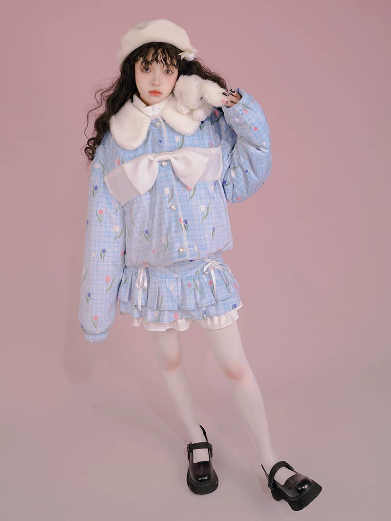 Flower Print Bow Fleece Lining Puffer Jacket