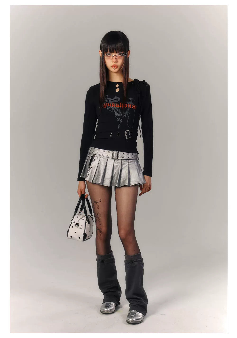 Cross Print Strap Buckle Cutout Long Sleeve T-Shirt