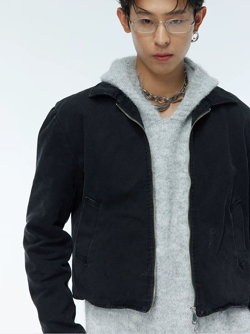 Washed Polo Collar Zipper Jacket