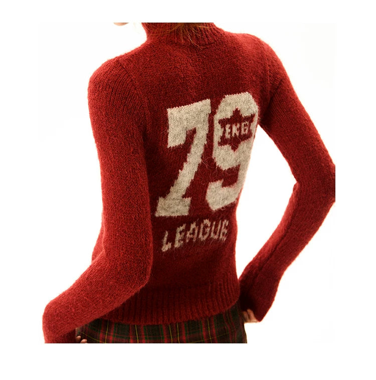 Number Patch Knit Zipper Stand Neck Cardigan
