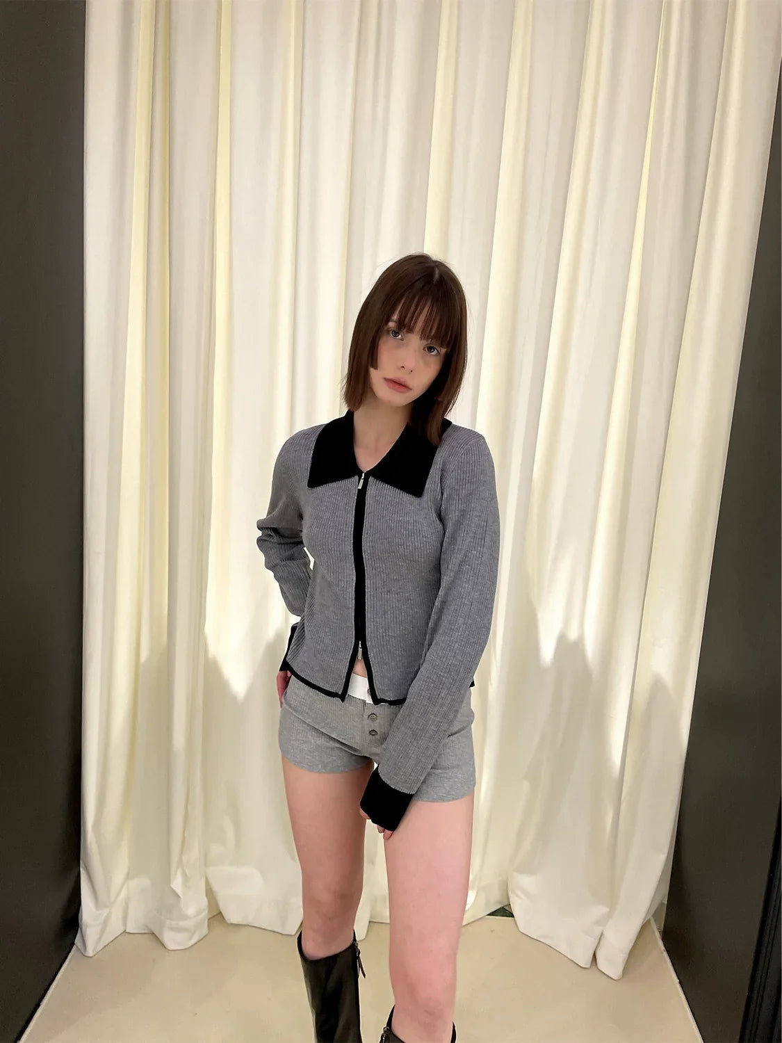 Polo Collar Zipper Knit Cardigan