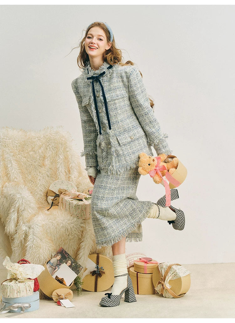Bow Jacquard Jacket & Tassel Jacquard Short Skirt Setup