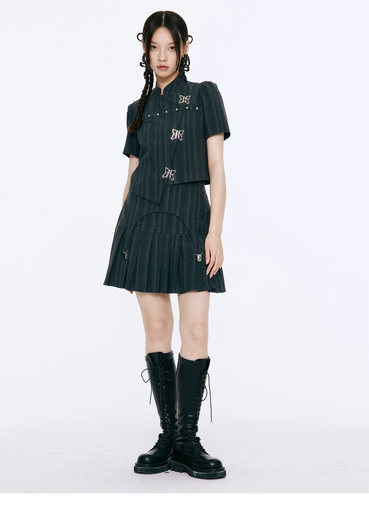 Bow Detail Pinstripe Cropped Shirt & Pleated Skirt Setup