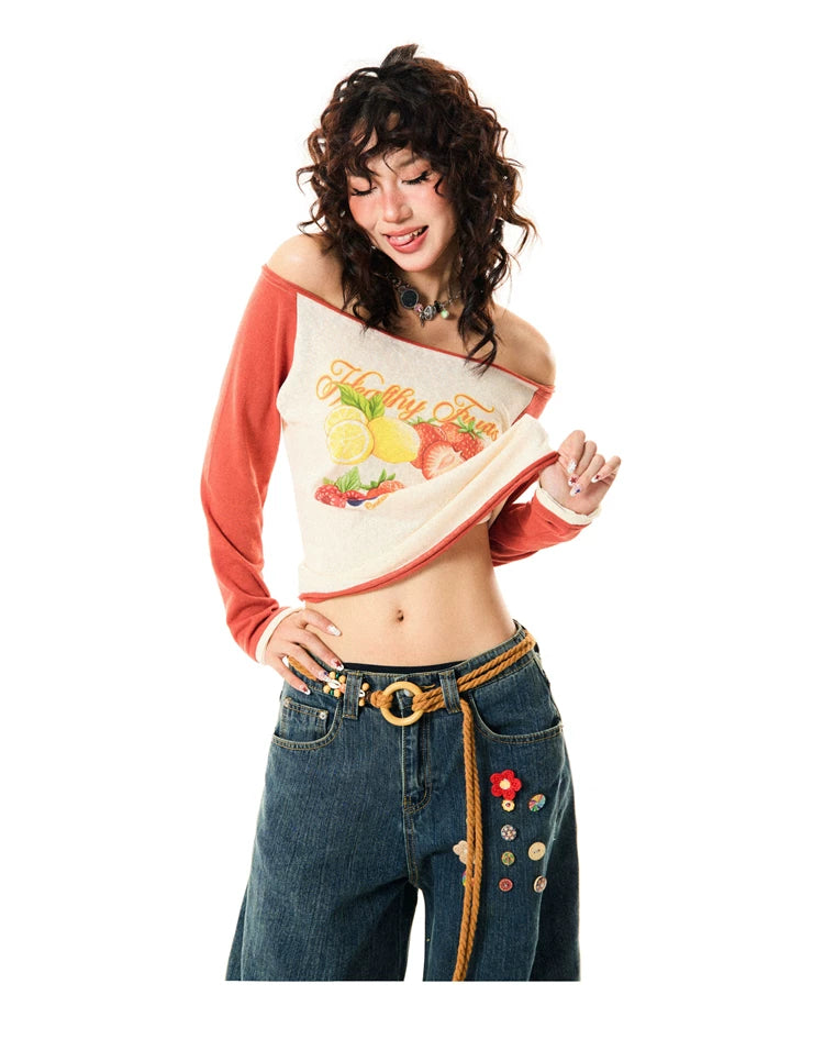 Fruit Graphic Print Off-Shoulder Fitted Long Sleeve T-Shirt