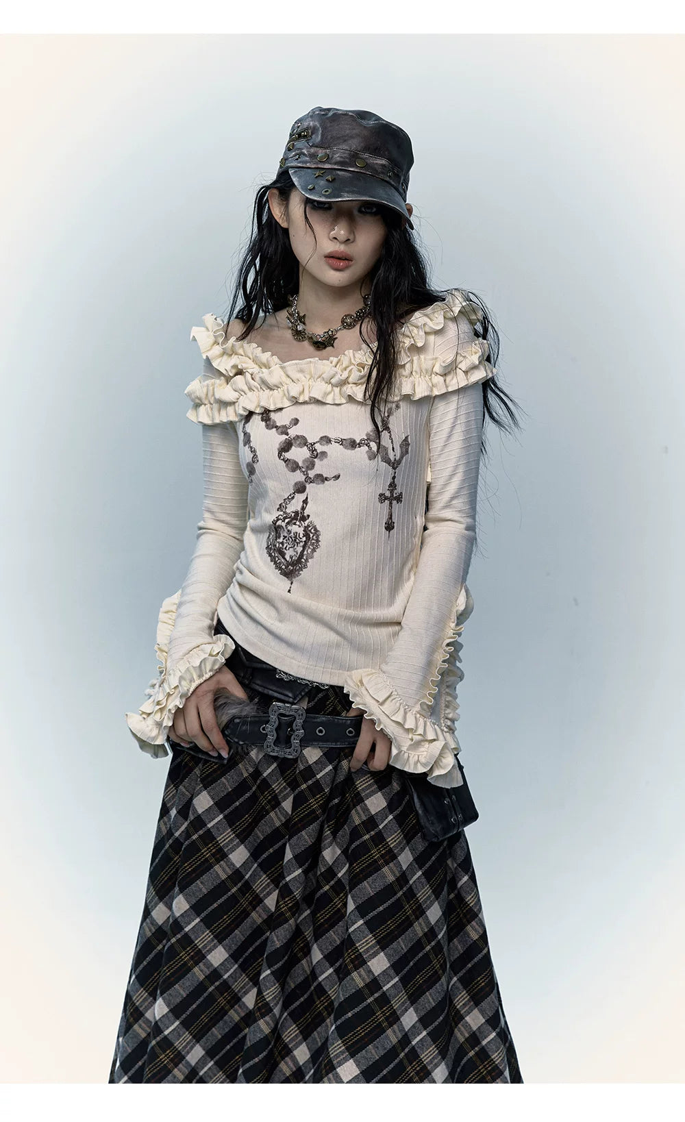 Ruffle Print Flare Sleeve Long Sleeve T-Shirt