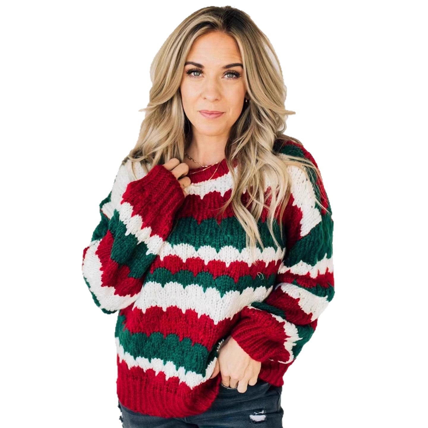 Christmas Crew Neck Striped Color-Blocked Sweater