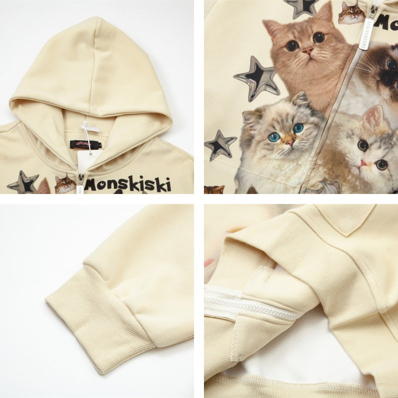 Felpa con cappuccio oversize con cerniera e grafica a forma di gatto