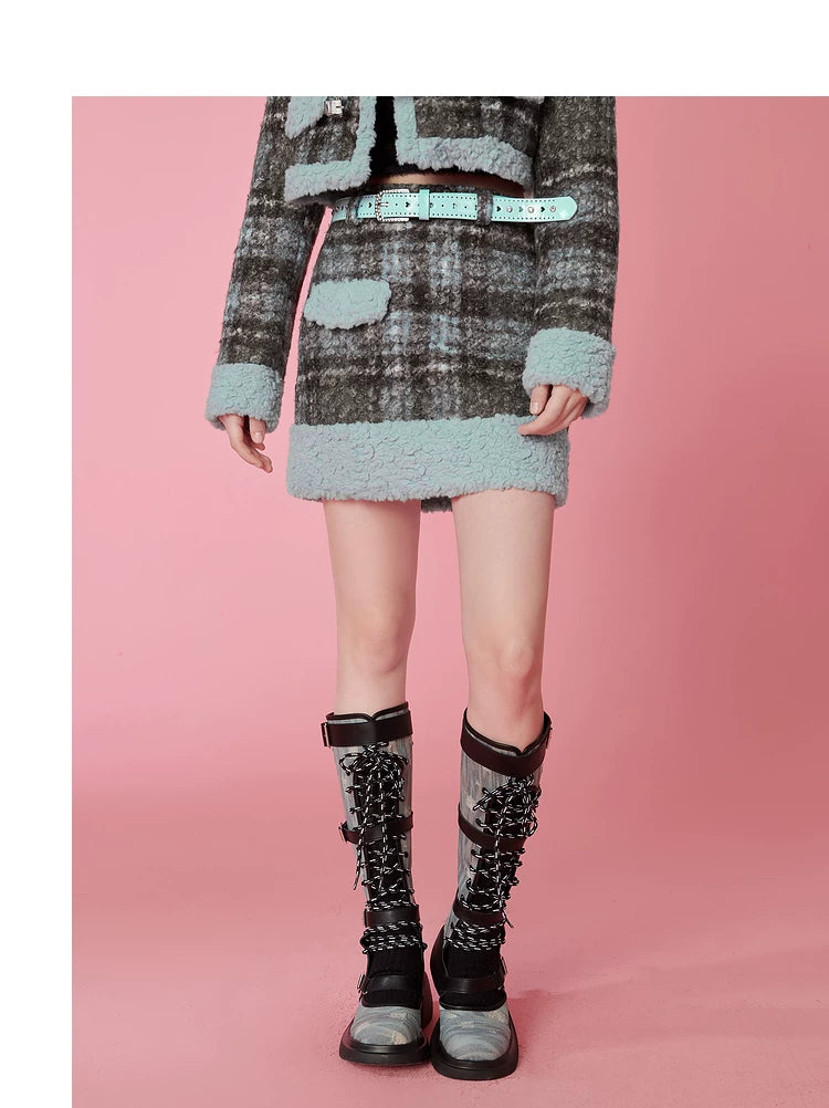 Fake Shearling Short Jacket & Pencil Skirt Setup