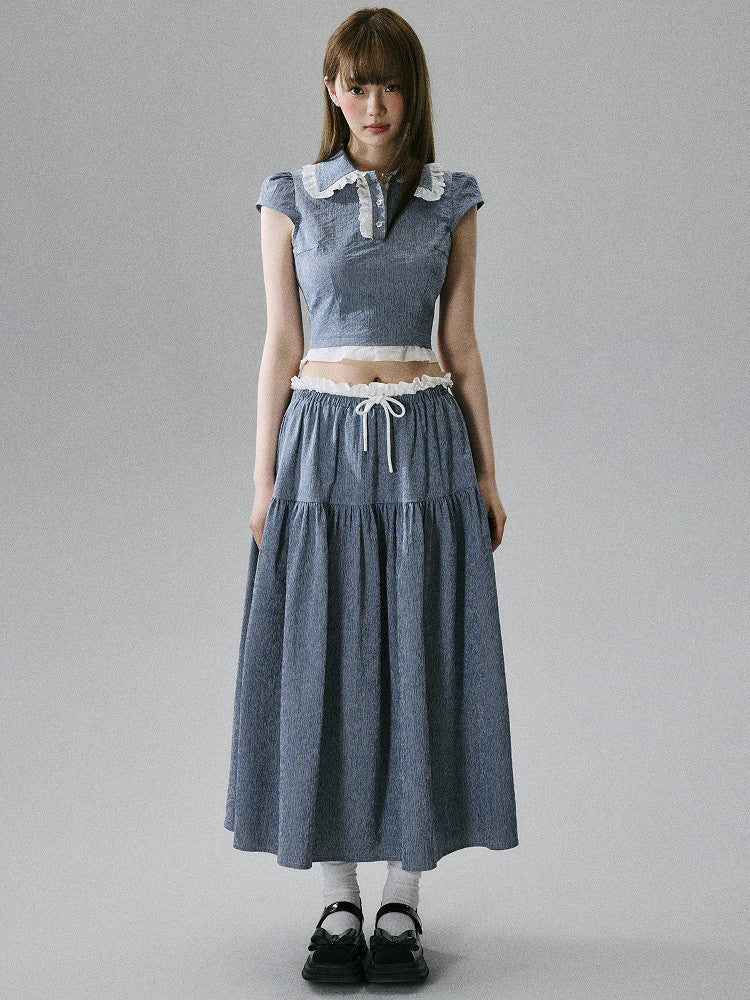 Lace-Trim Short Sleeve Shirt & Drawstring Skirt Setup