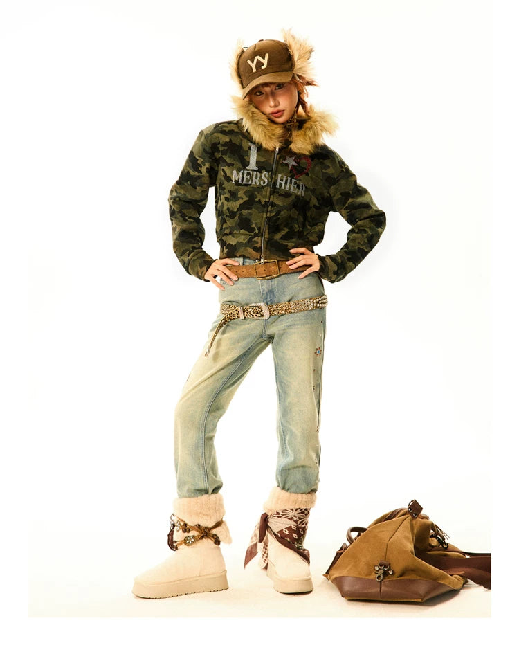 Camouflage Fake Fur Trim Star Patch Zipper Hooded Jacket