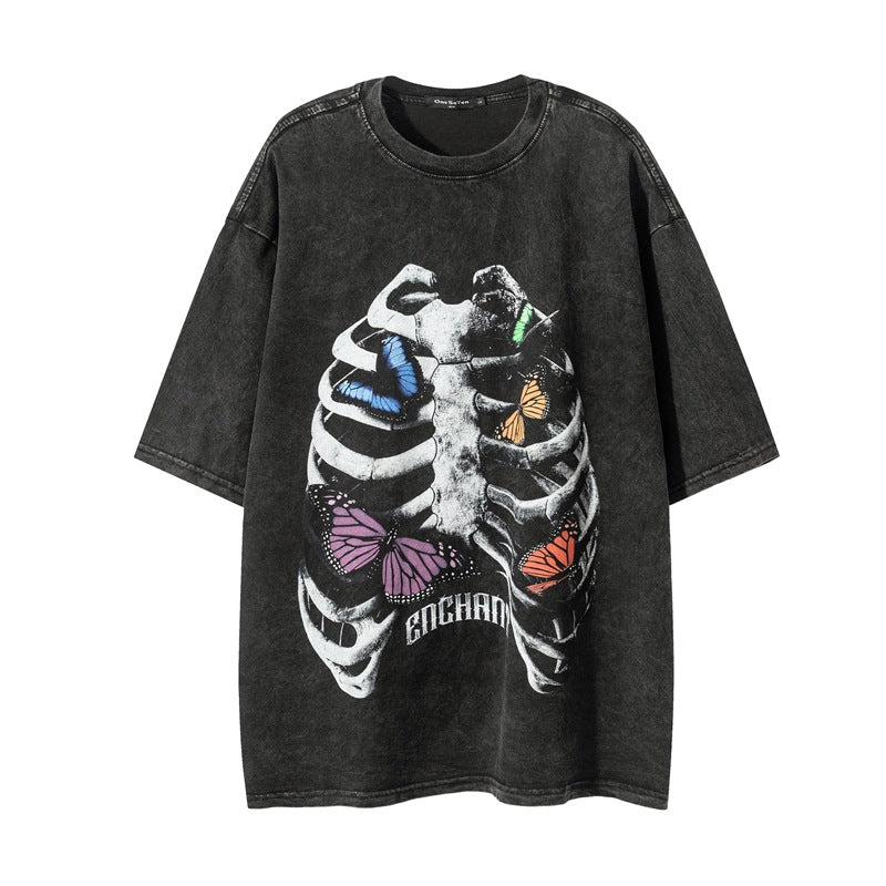 Washed Skeleton Butterfly Print Short Sleeve T-Shirt