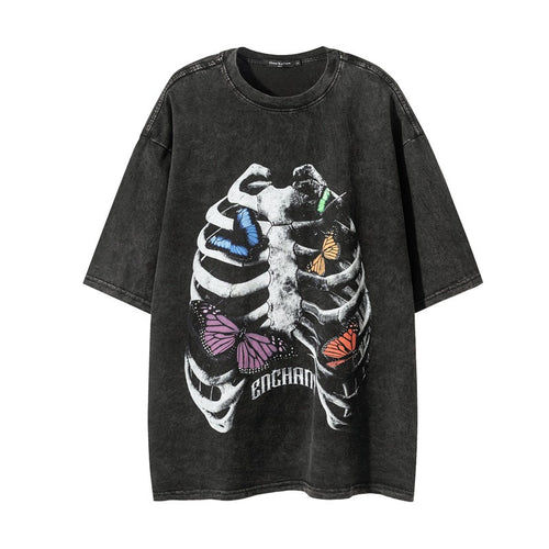 Washed Skeleton Butterfly Print Short Sleeve T-Shirt - Black / M