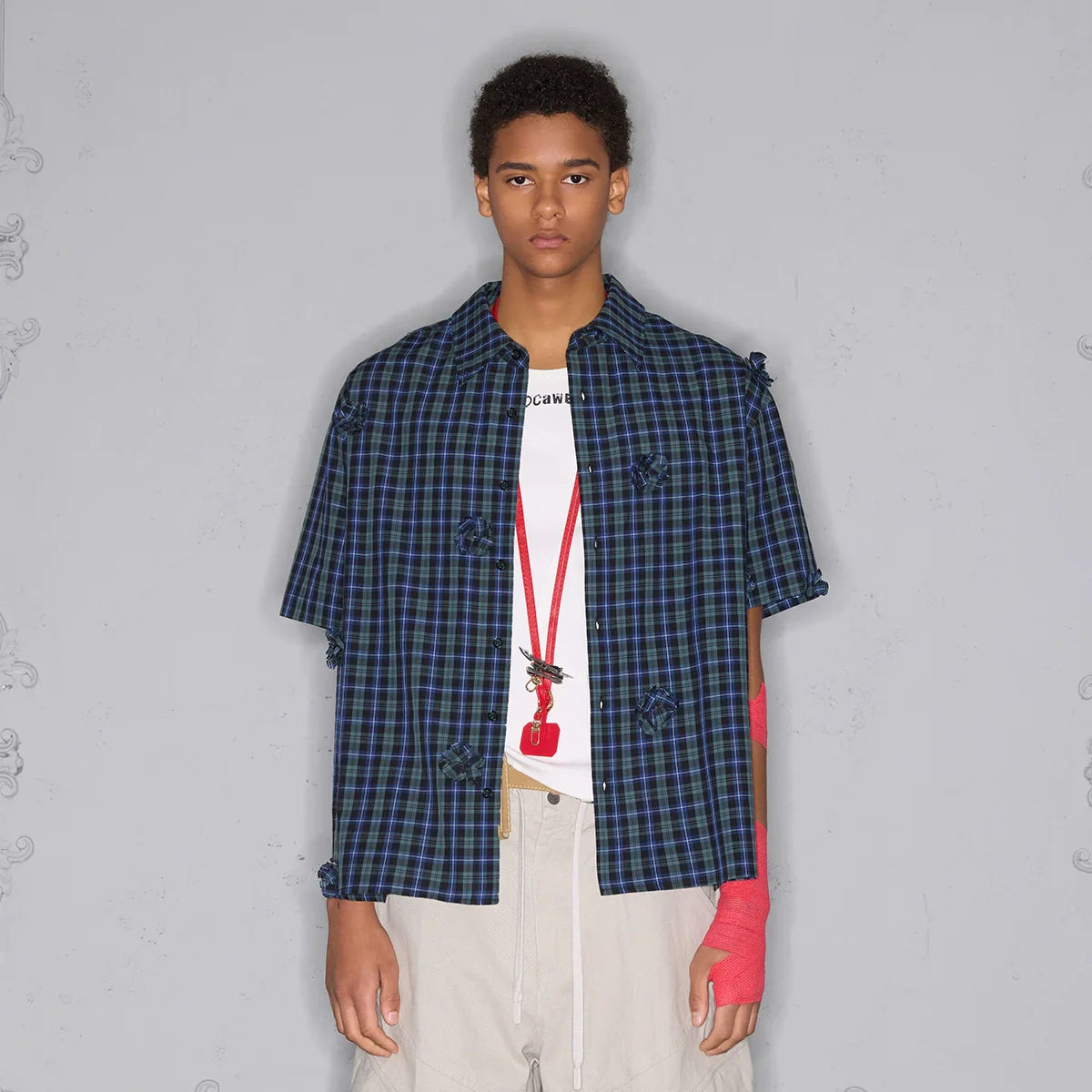 Handmade Floral Fabric Patchwork Plaid Short Sleeve Shirt