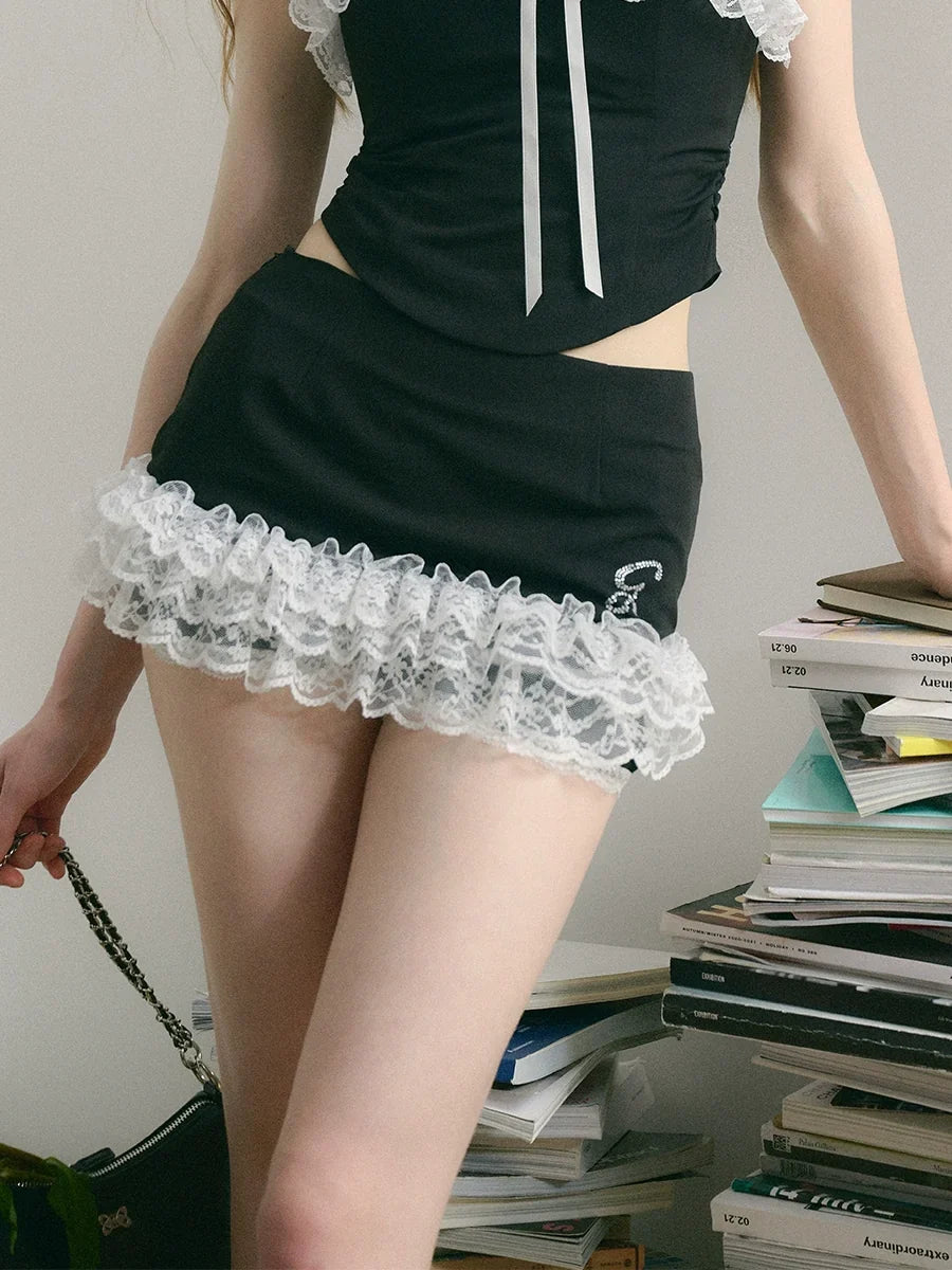 Lace Bow Camisole & Short Skirt Setup